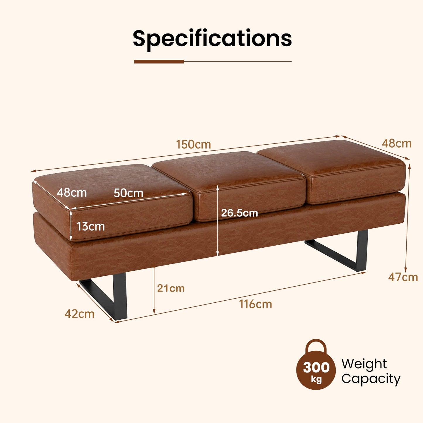 Waiting Room Bench Seating with 3 Seats and Metal Frame Leg-Brown