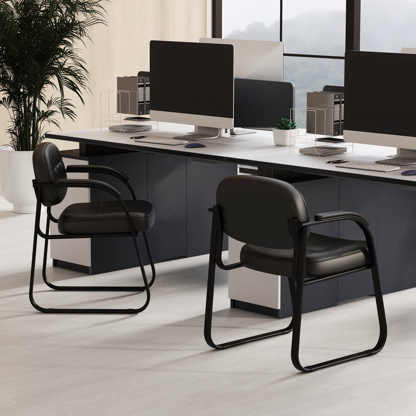 Set of 2 Waiting Room Chairs with Sled Base and Padded Arm Rest-Black