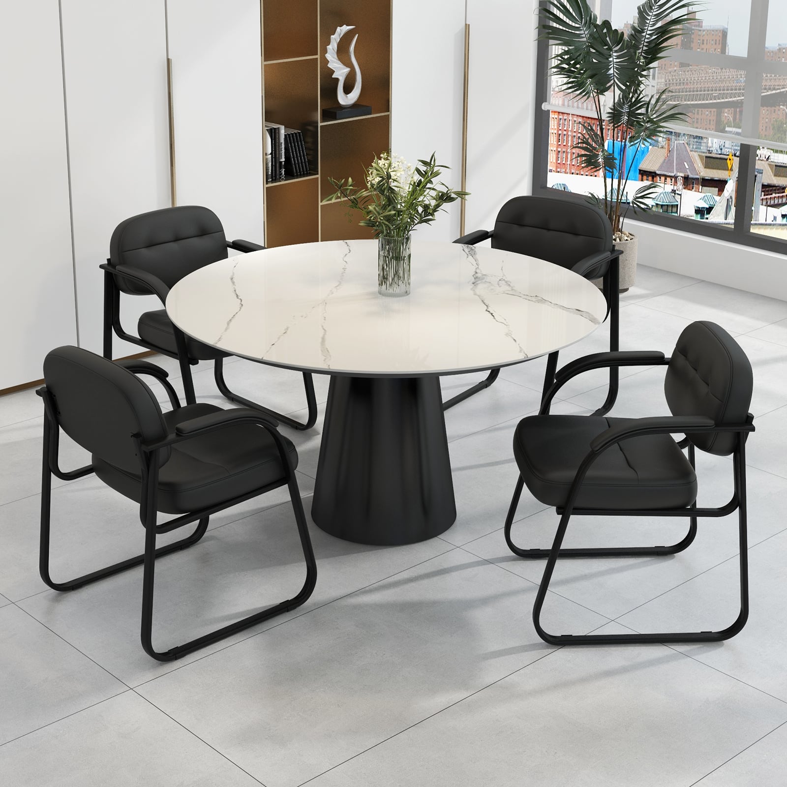 Set of 2 Waiting Room Chairs with Sled Base and Padded Arm Rest-Black