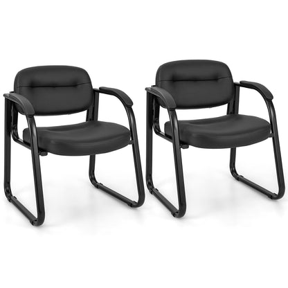 Set of 2 Waiting Room Chairs with Sled Base and Padded Arm Rest-Black