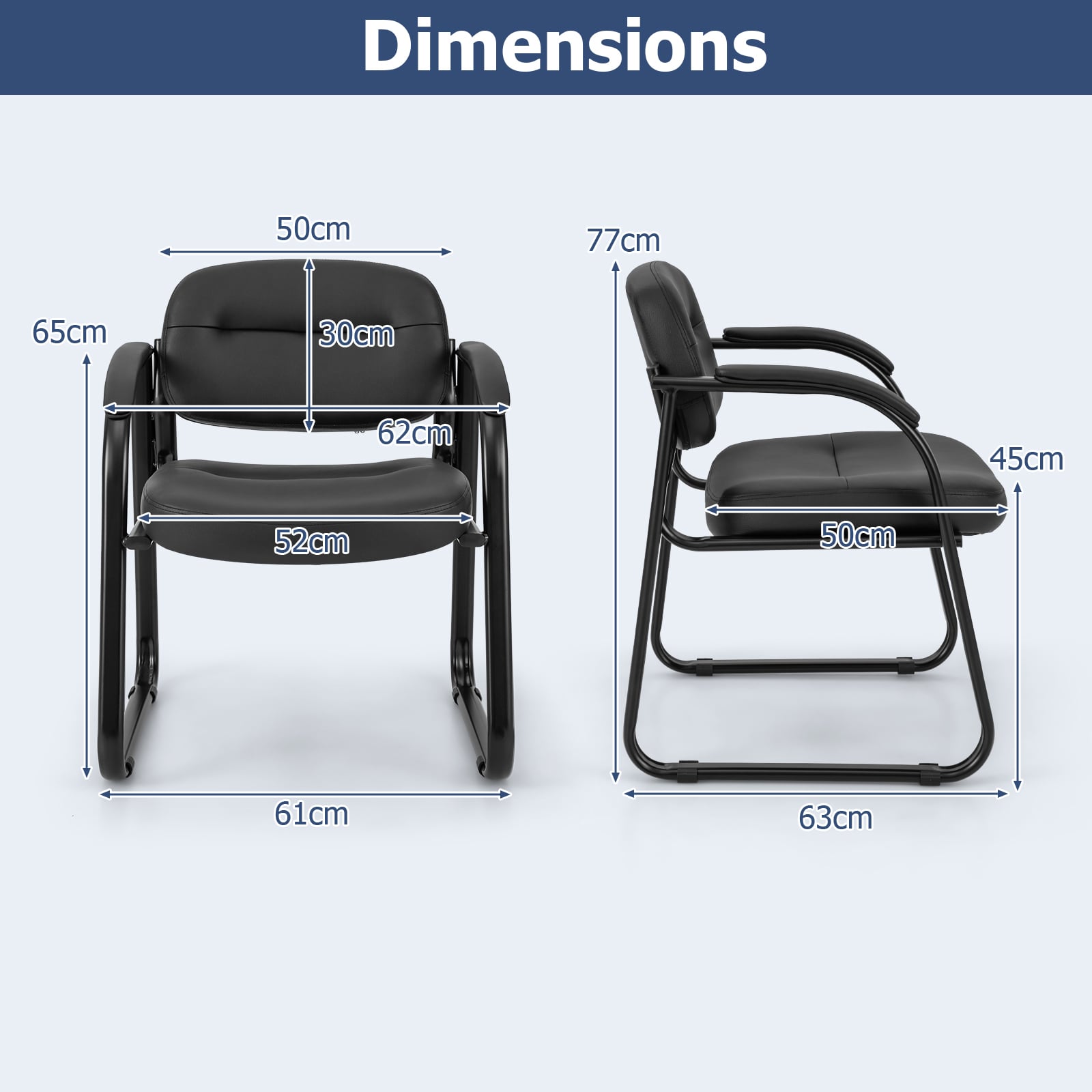 Set of 2 Waiting Room Chairs with Sled Base and Padded Arm Rest-Black