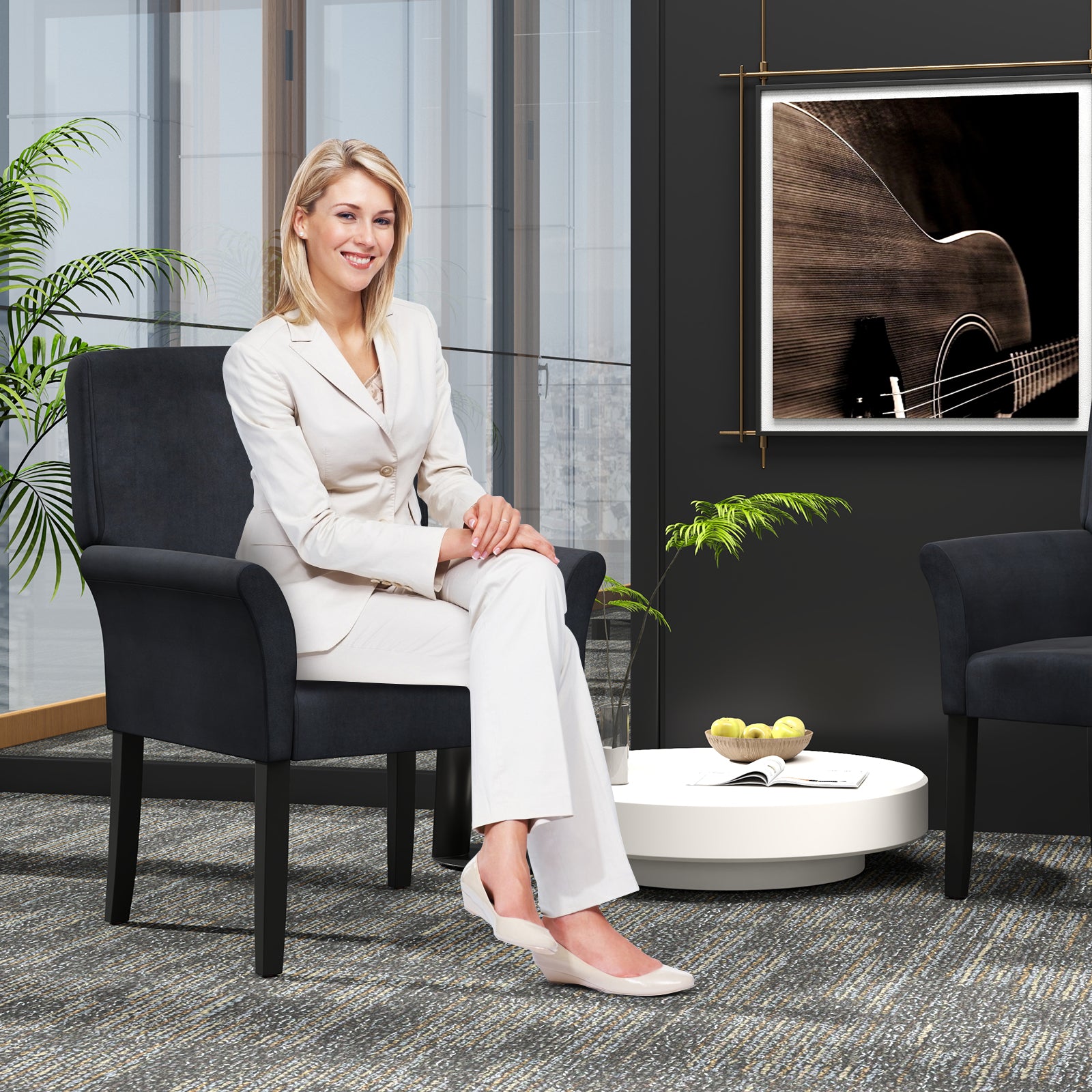 Fabric/Velvet Waiting Room Chair with Padded Armrests-Black