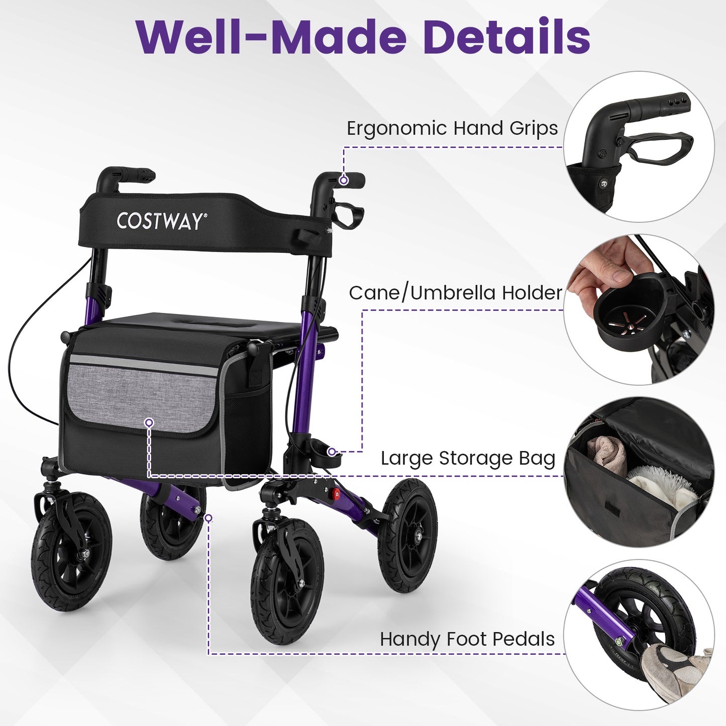 Walker for Seniors with Seat Folding Rollator Walker with Pneumatic Tires-Purple