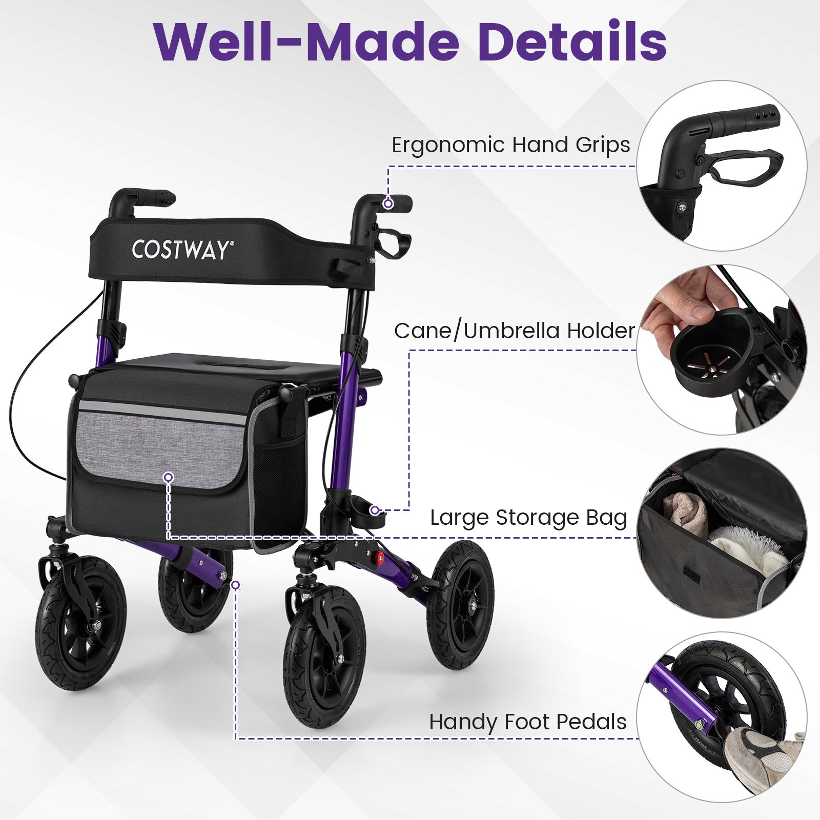 Walker for Seniors with Seat Folding Rollator Walker with Pneumatic Tires-Purple
