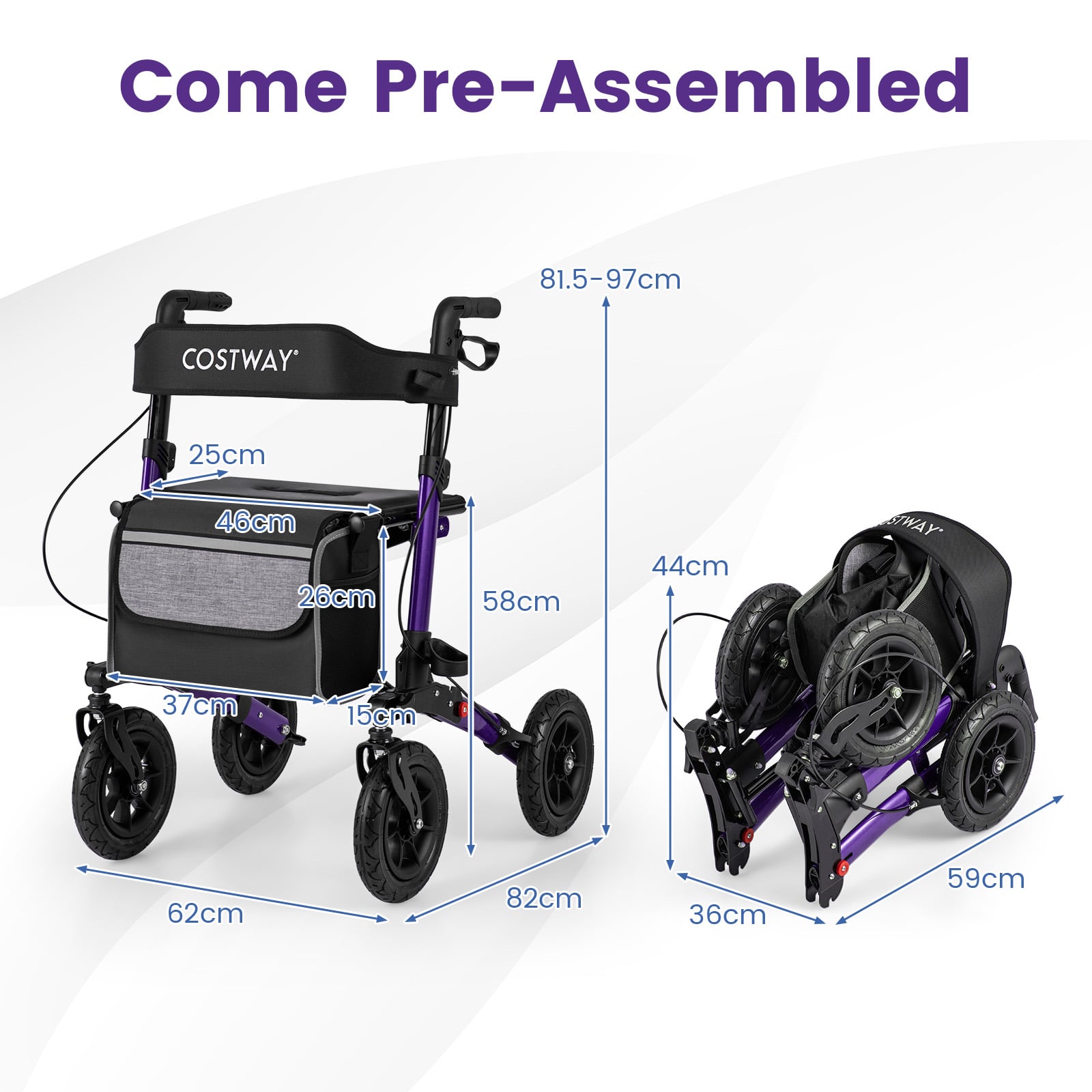Walker for Seniors with Seat Folding Rollator Walker with Pneumatic Tires-Purple