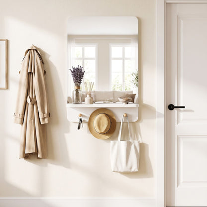 Wall Mirror with Shelf and 3 Hooks 39.5 x 60 CM Wooden Frameless Decorative Mirror-White