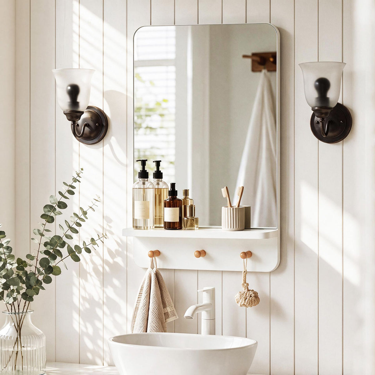 Wall Mirror with Shelf and 3 Hooks 39.5 x 60 CM Wooden Frameless Decorative Mirror-White