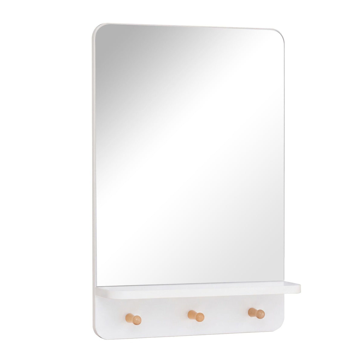 Wall Mirror with Shelf and 3 Hooks 39.5 x 60 CM Wooden Frameless Decorative Mirror-White