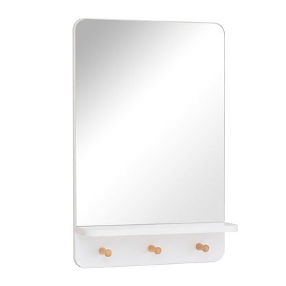 Wall Mirror with Shelf and 3 Hooks 39.5 x 60 CM Wooden Frameless Decorative Mirror-White