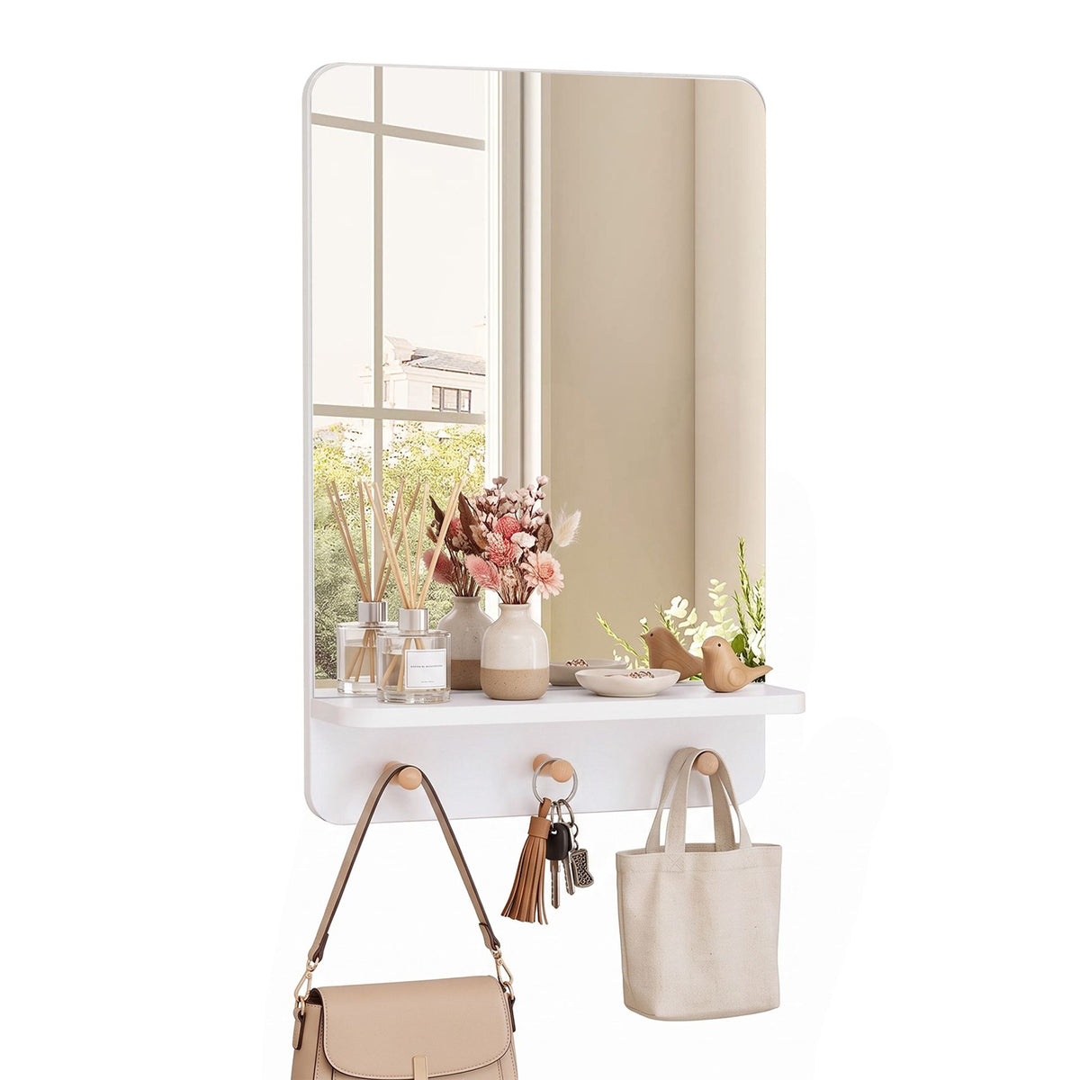 Wall Mirror with Shelf and 3 Hooks 39.5 x 60 CM Wooden Frameless Decorative Mirror-White