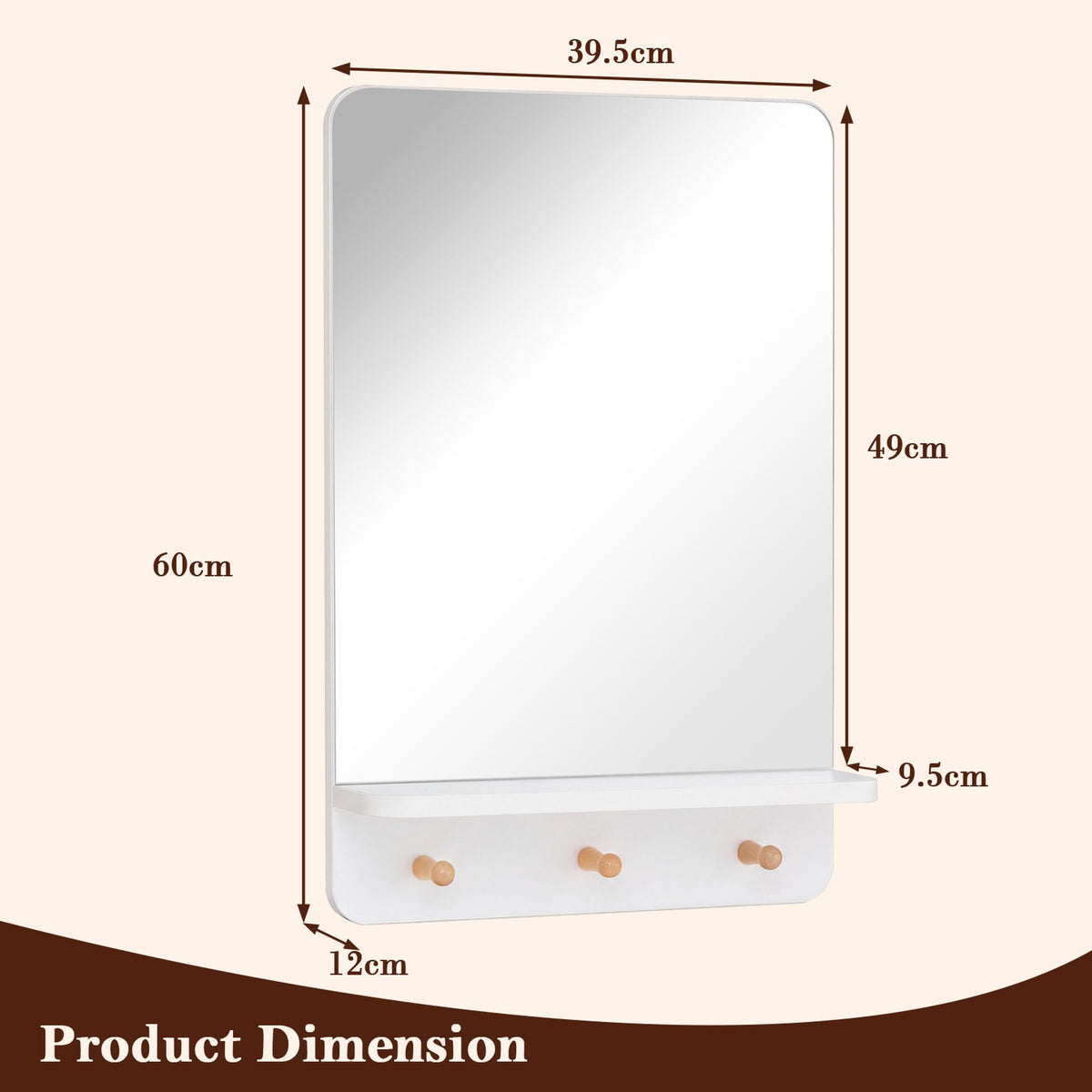 Wall Mirror with Shelf and 3 Hooks 39.5 x 60 CM Wooden Frameless Decorative Mirror-White