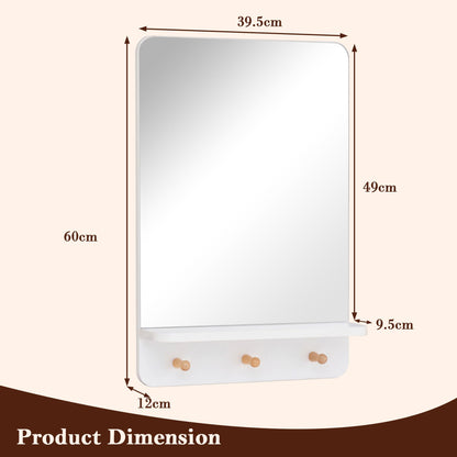 Wall Mirror with Shelf and 3 Hooks 39.5 x 60 CM Wooden Frameless Decorative Mirror-White