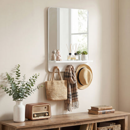 Wall Mirror with Shelf and 3 Hooks 39.5 x 60 CM Wooden Frameless Decorative Mirror-White