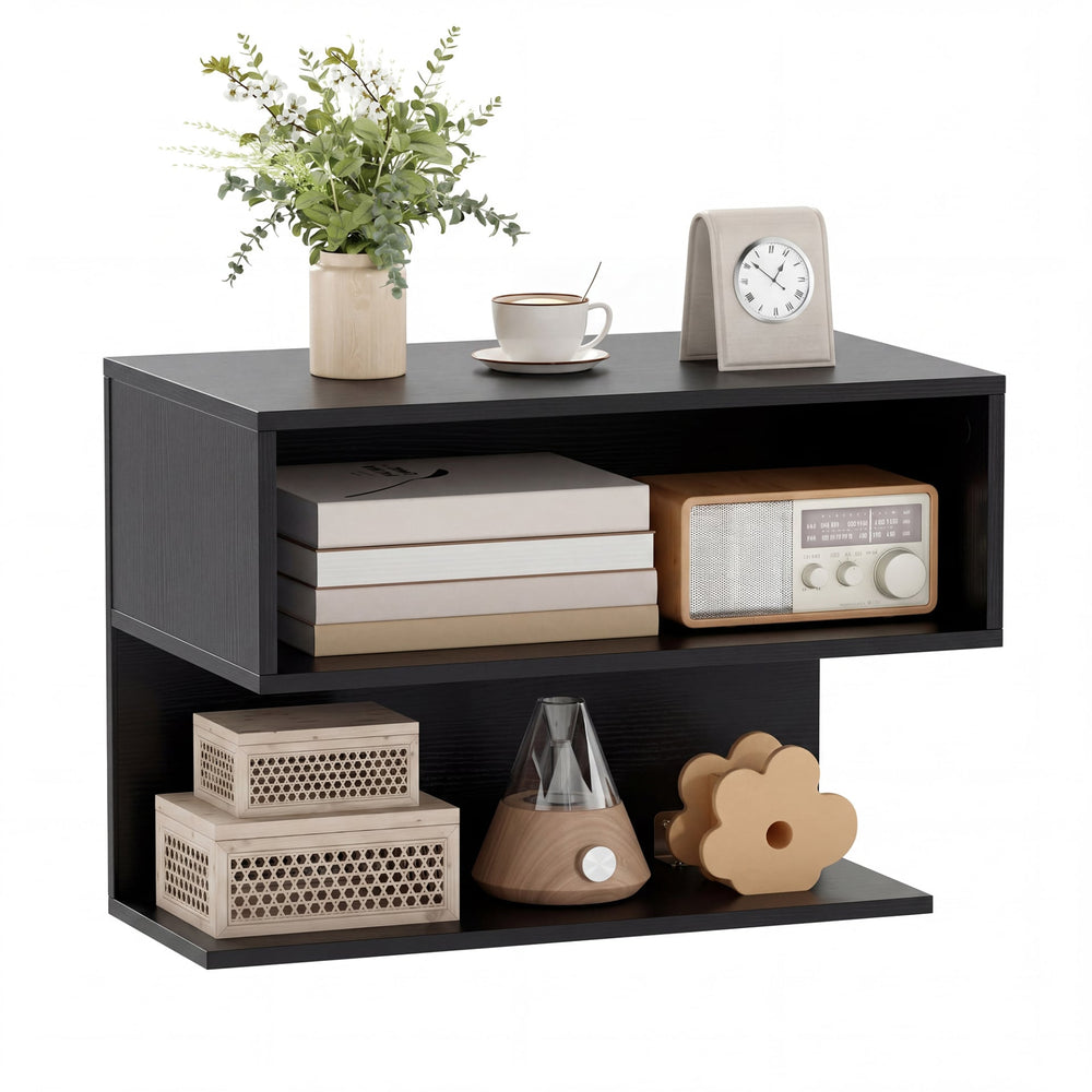 Wall Mounted Bedside Table with Storage Shelves-Black
