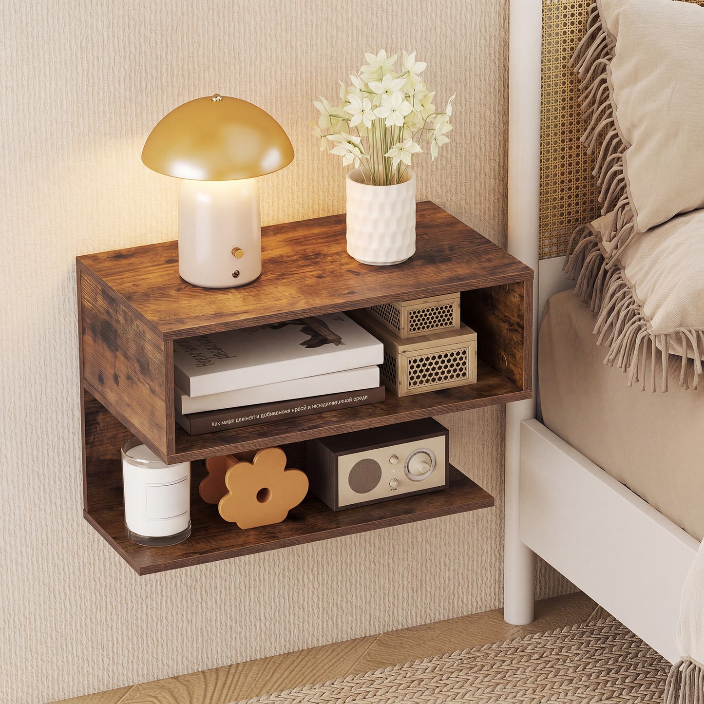 Wall Mounted Bedside Table with Storage Shelves-Rustic Brown