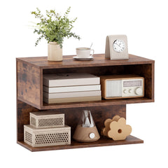 Wall Mounted Bedside Table with Storage Shelves-Rustic Brown