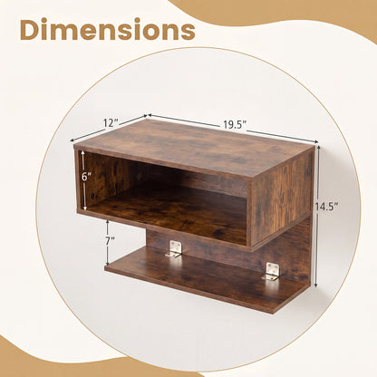 Wall Mounted Bedside Table with Storage Shelves-Rustic Brown