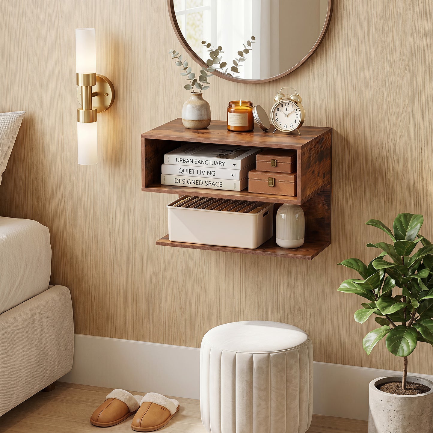 Wall Mounted Bedside Table with Storage Shelves-Rustic Brown
