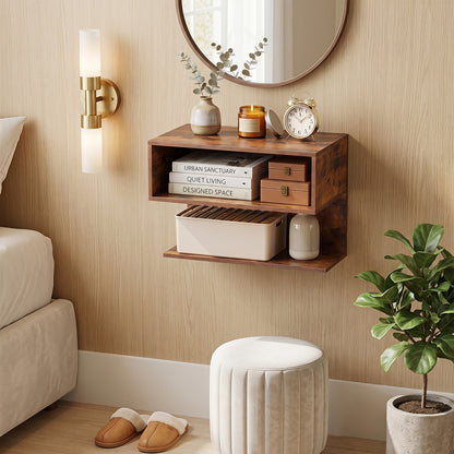 Wall Mounted Bedside Table with Storage Shelves-Rustic Brown
