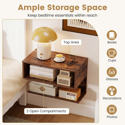 Wall Mounted Bedside Table with Storage Shelves-Rustic Brown