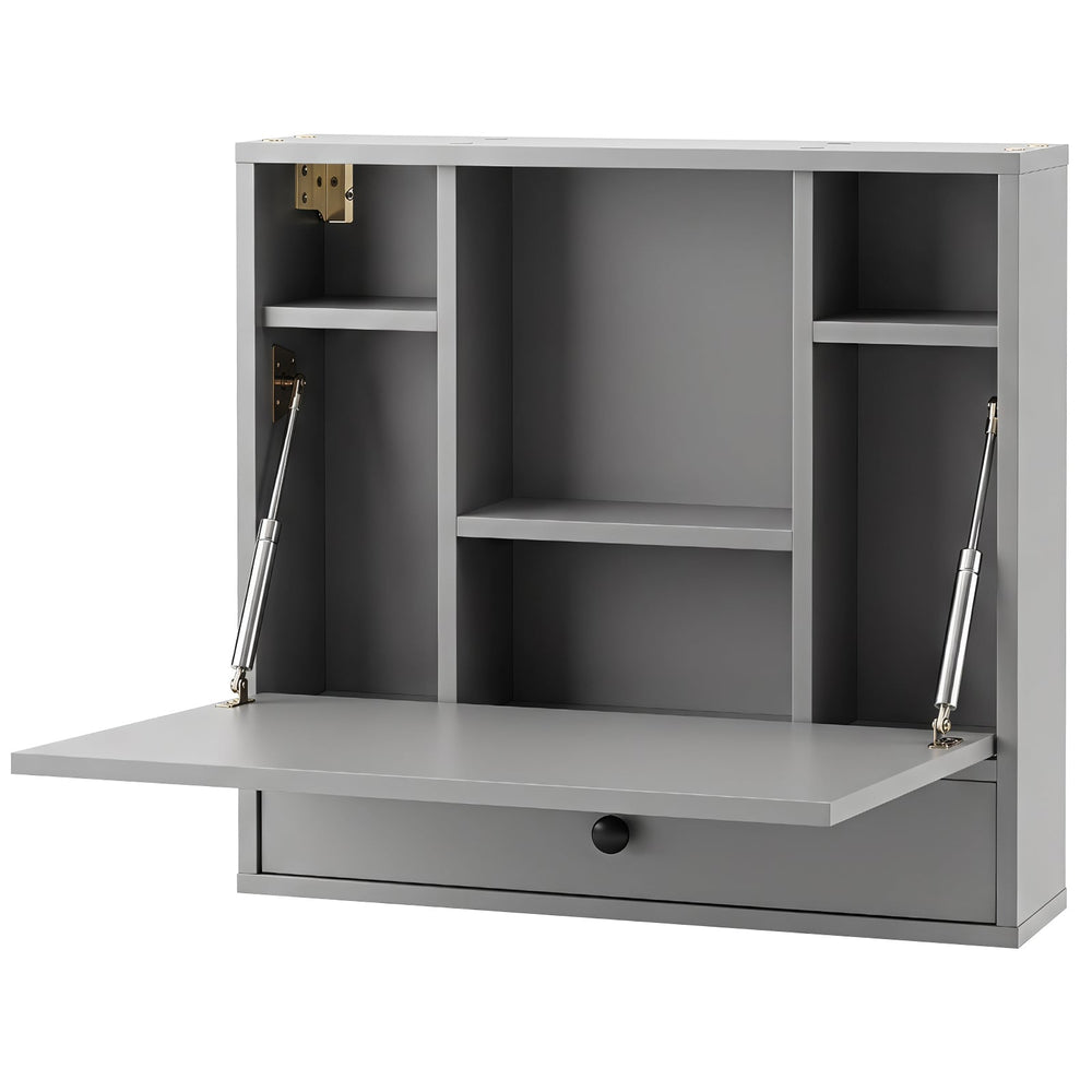 Wall-Mounted Fold-Down Desk Floating Computer Workstation with Drawer and 6 Cubes-Grey
