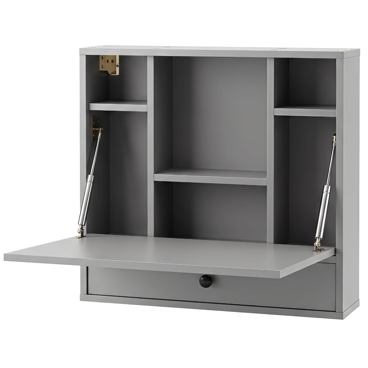 Wall-Mounted Fold-Down Desk Floating Computer Workstation with Drawer and 6 Cubes-Grey