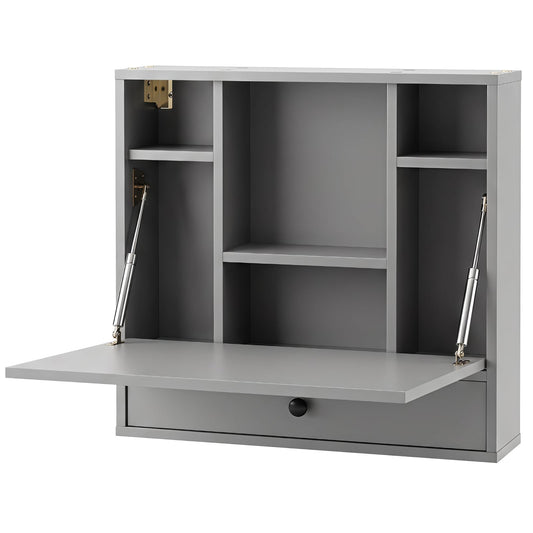 Wall-Mounted Fold-Down Desk Floating Computer Workstation with Drawer and 6 Cubes-Grey