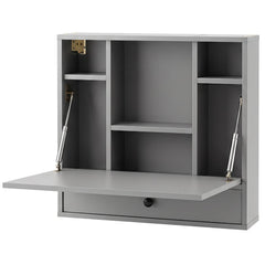 Wall-Mounted Fold-Down Desk Floating Computer Workstation with Drawer and 6 Cubes-Grey