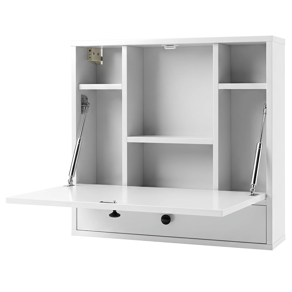 Wall-Mounted Fold-Down Desk Floating Computer Workstation with Drawer and 6 Cubes-White