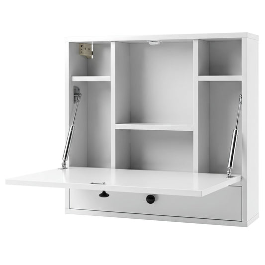 Wall-Mounted Fold-Down Desk Floating Computer Workstation with Drawer and 6 Cubes-White