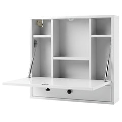 Wall-Mounted Fold-Down Desk Floating Computer Workstation with Drawer and 6 Cubes-White