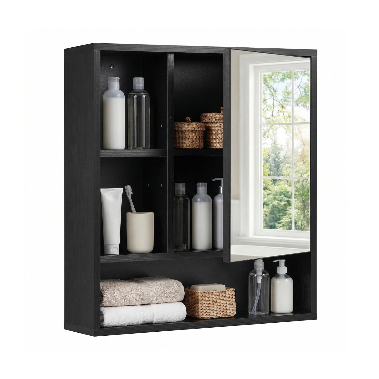 Wall Mounted Storage Organizer with Mirror for Bathroom-Black