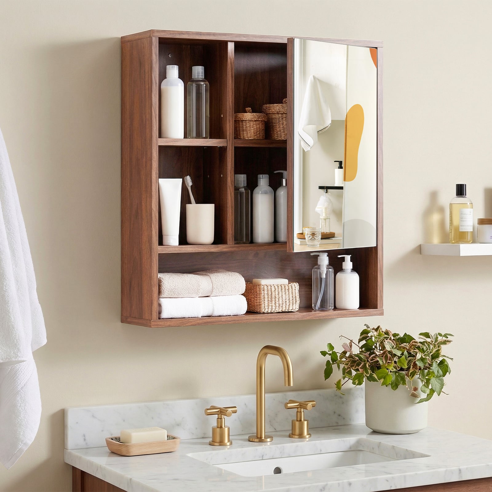 Wall Mounted Storage Organizer with Mirror for Bathroom-Brown
