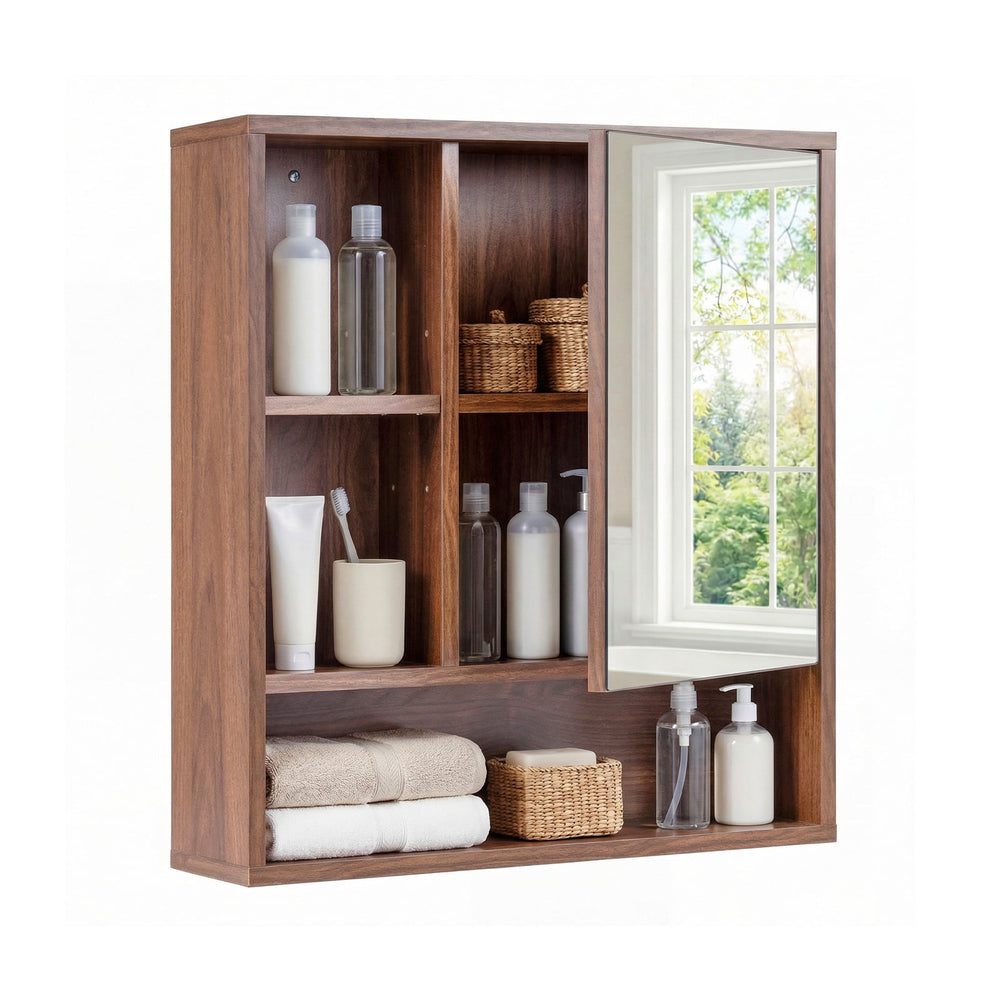 Wall Mounted Storage Organizer with Mirror for Bathroom-Brown