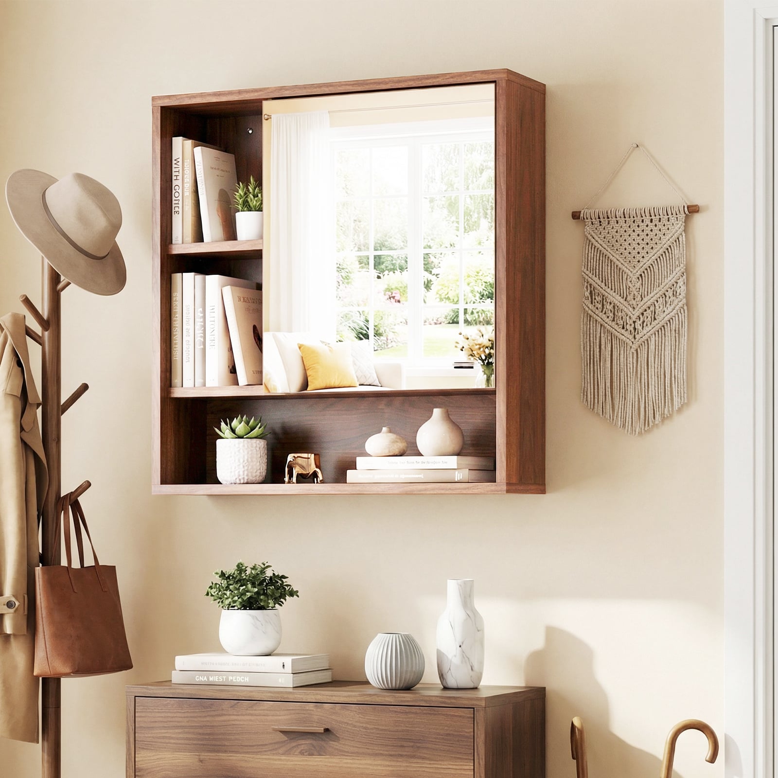 Wall Mounted Storage Organizer with Mirror for Bathroom-Brown