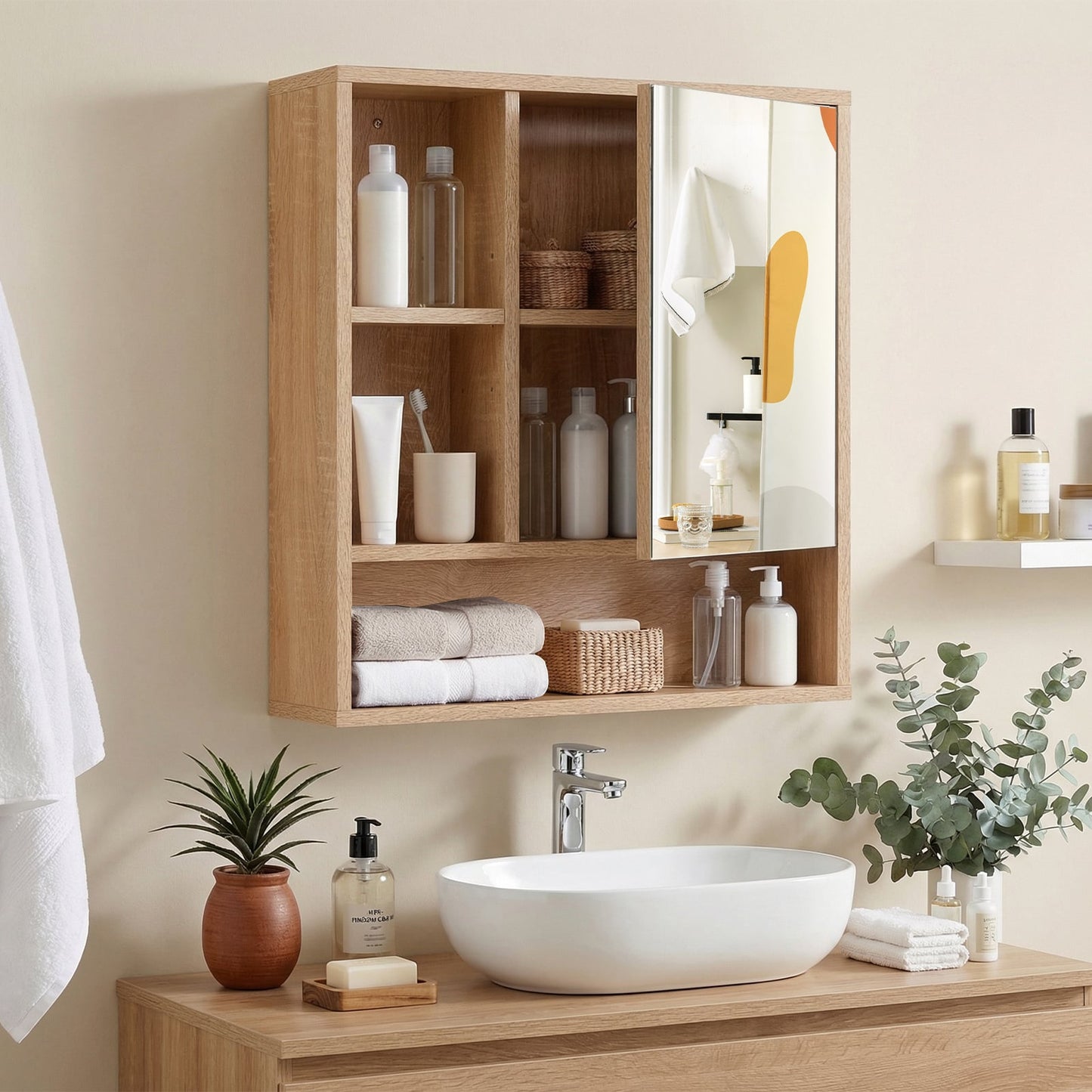 Wall Mounted Storage Organizer with Mirror for Bathroom-Natural
