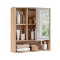 Wall Mounted Storage Organizer with Mirror for Bathroom-Natural