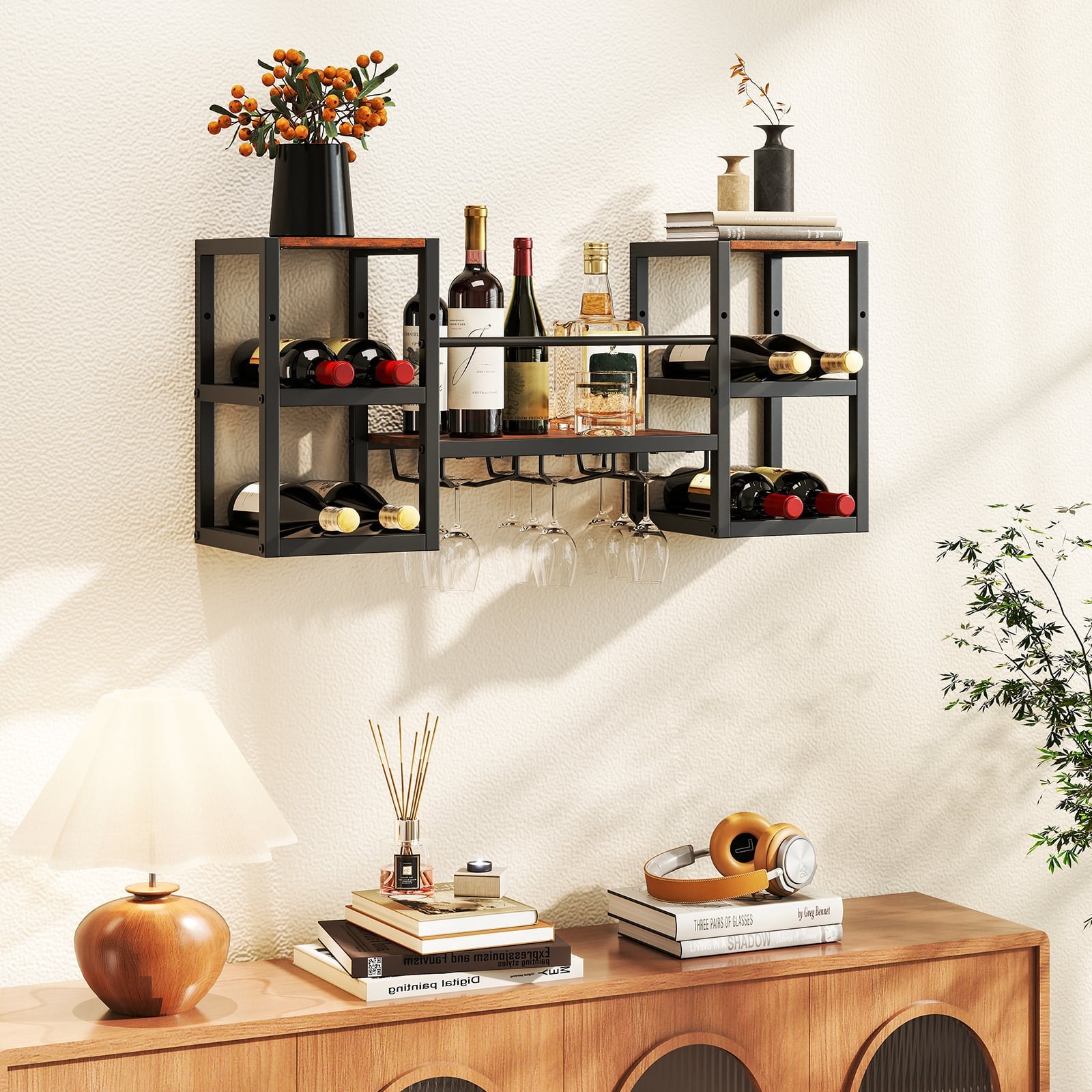 Wall Mounted Wine Rack with Glass Holder, Wine Bottles Open Shelves-Rustic Brown