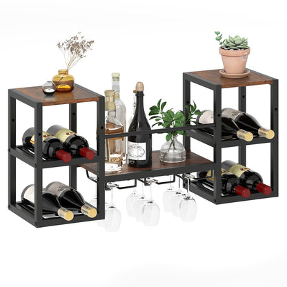 Wall Mounted Wine Rack with Glass Holder, Wine Bottles Open Shelves-Rustic Brown