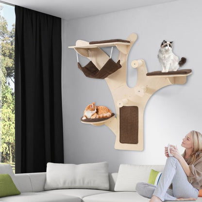 Wall-Mounted Cat Tower Furniture with Scratching Posts-Brown