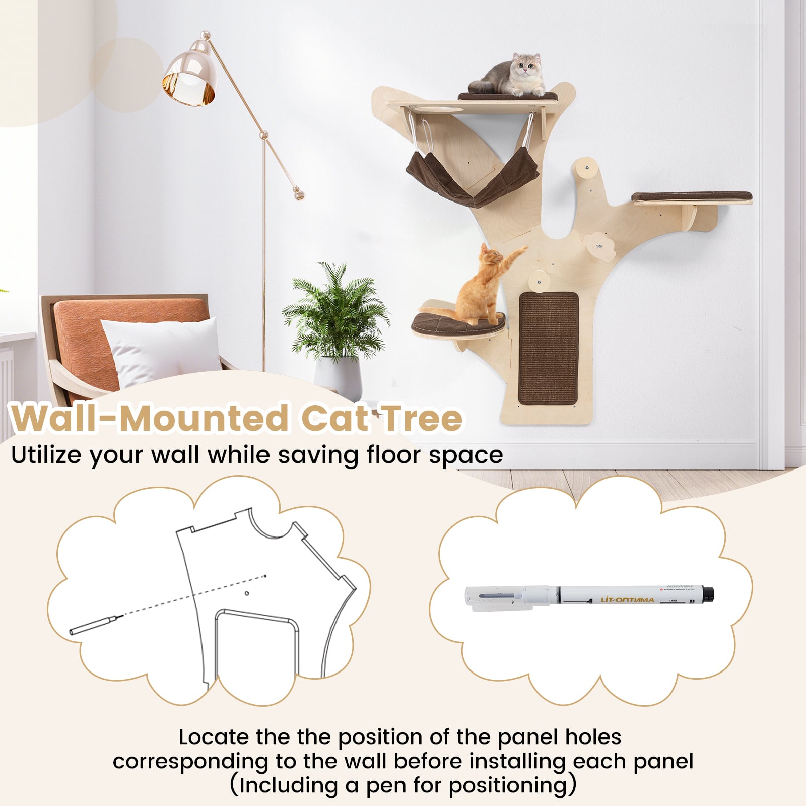 Wall-Mounted Cat Tower Furniture with Scratching Posts-Brown