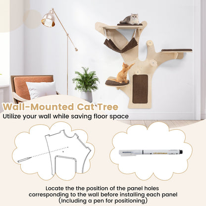 Wall-Mounted Cat Tower Furniture with Scratching Posts-Brown