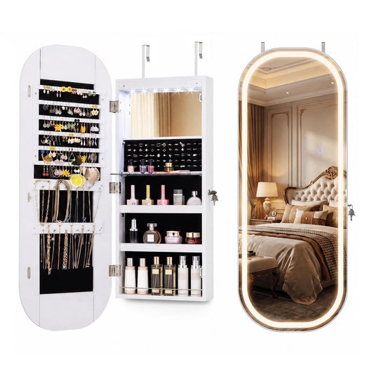 Wall and Door Mounted Jewelry Cabinet with 3-Color Adjustable Full-Length Mirror-White