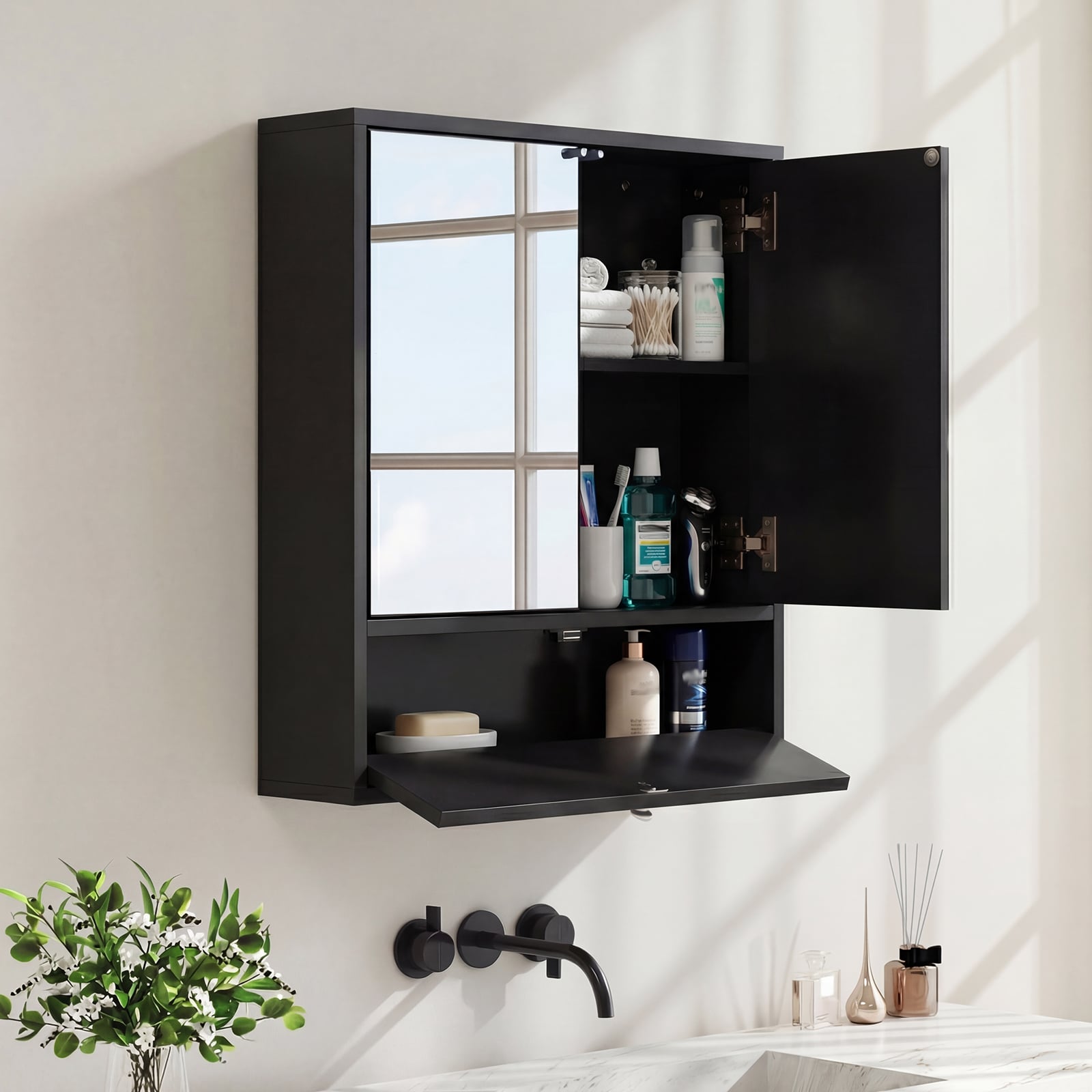 Wall-Mounted Bathroom Cabinet with Mirror and Adjustable Shelf and Flip-Open Compartment-Black