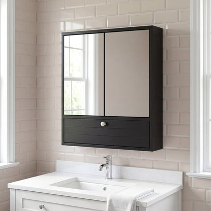 Wall-Mounted Bathroom Cabinet with Mirror and Adjustable Shelf and Flip-Open Compartment-Black