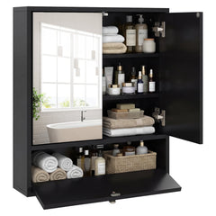 Wall-Mounted Bathroom Cabinet with Mirror and Adjustable Shelf and Flip-Open Compartment-Black