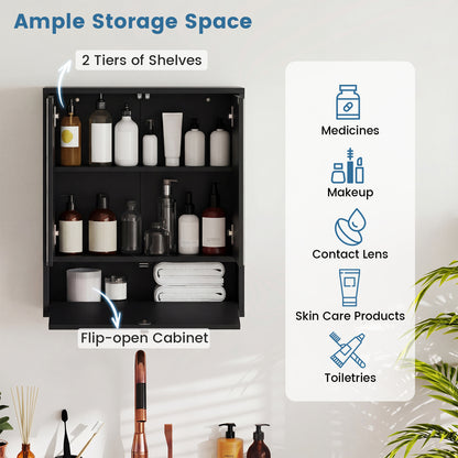 Wall-Mounted Bathroom Cabinet with Mirror and Adjustable Shelf and Flip-Open Compartment-Black