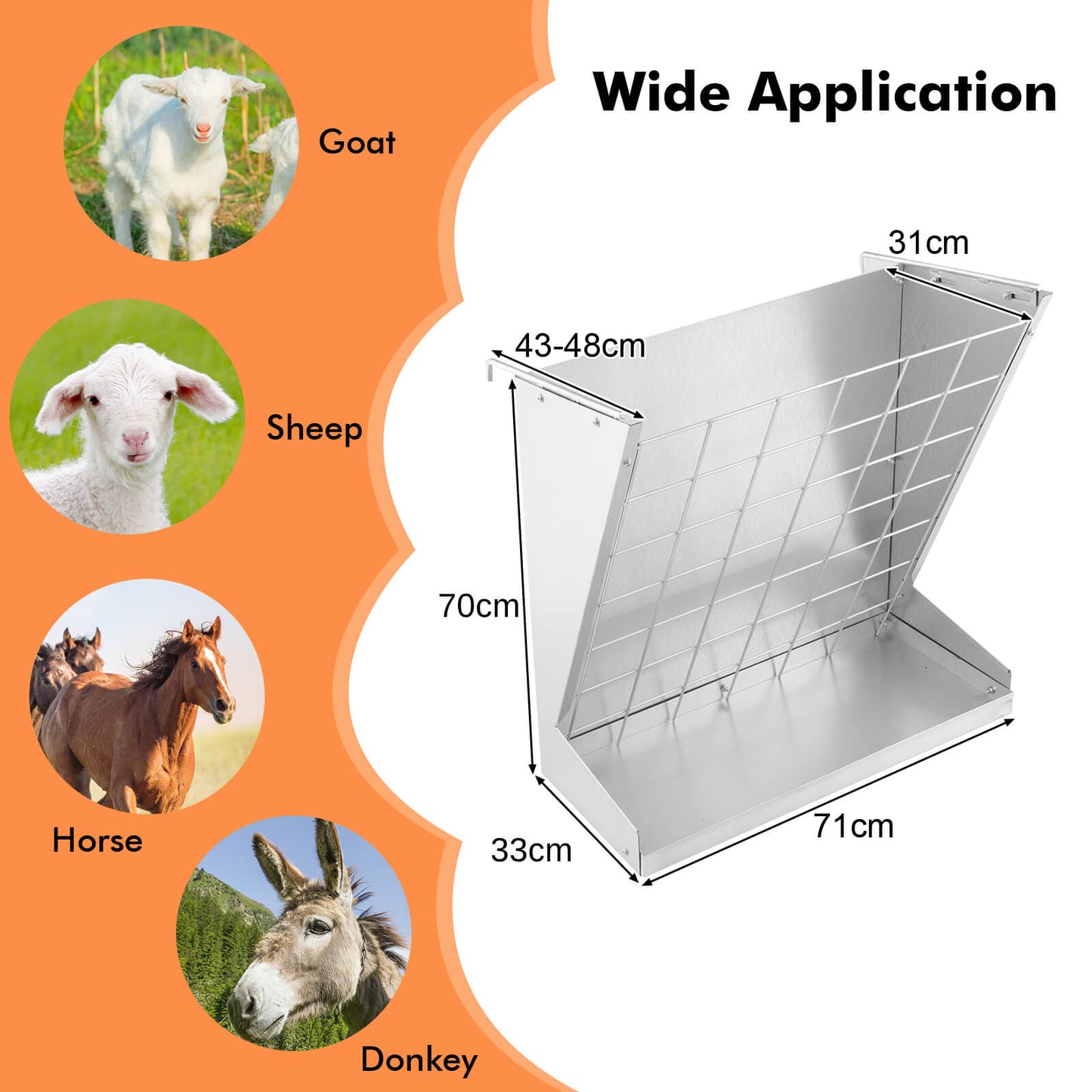 Wall-Mounted Hay Rack with Trough 2-in-1 Feeder with Adjustable Hooks-Silver