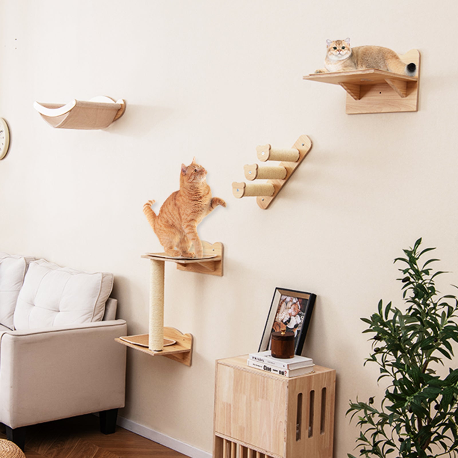 Wall Mounted 4pcs Cat Furniture Set with Hammock and Non-slip Carpet Mat-Natural