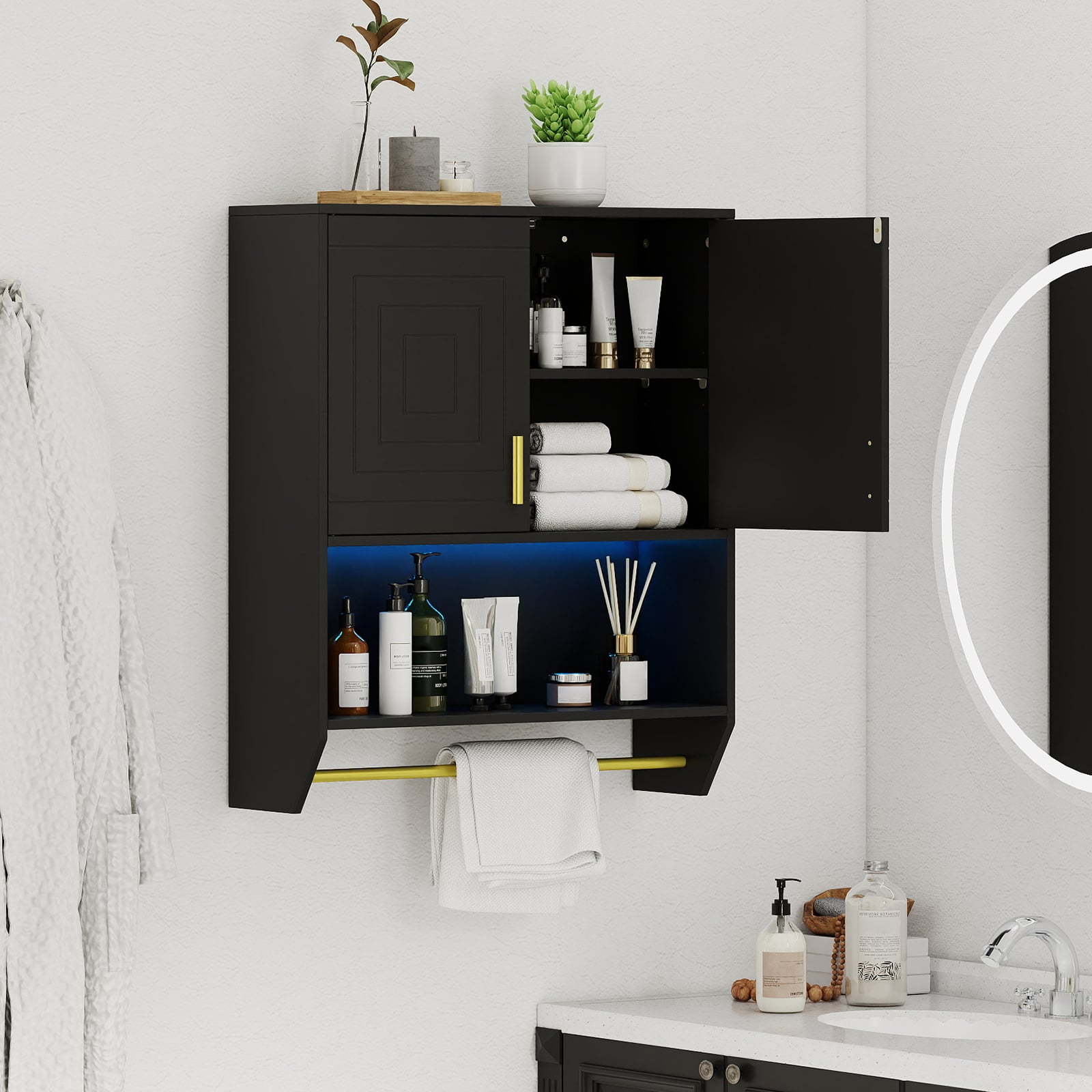 Wall Mounted Bathroom Cabinet Over the Toilet Storage Cabinet with 3-Color Lights-Black